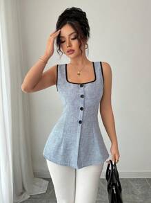 Elenzga 2025 新款复古风格夏季修身拼色方领无袖衬衫 - 霧霾藍 - 查看 5