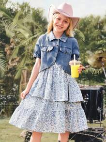 SHEIN 2pcs Tween Girl Denim Jacket And Asymmetrical Hem Ditsy Floral Dress Set, Casual, Elegant, Suitable For Holiday & Outings, Spring/Summer - Multicolor - View 7