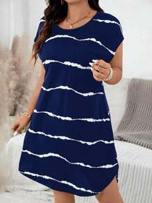 SHEIN LUNE Plus Size Women Striped Round Neck Batwing Sleeve Casual Dress For Summer Boho Mini Drees Mother Day - Navy Blue - View 3