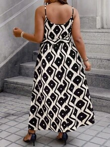 SHEIN Clasi Robe longue à bretelles fendue avec ceinture et imprimé tout-sur-tout pour femmes