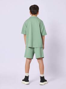 SUMWON Tween Boys Sage Green Waffle Knit Summer Two-Piece Set With Retro Stripes Shirt And Shorts Casual Athletic Comfortable Matching Set - Green - View 2