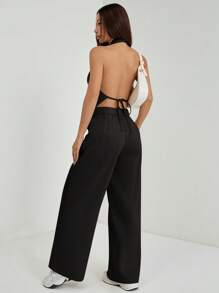 SHEIN PETITE Spring/Summer Office Lady V-Neck Sleeveless Top With Open Back & Wide Leg Pants, Slimming And Lengthening Outfit For Streetwear