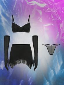 5 件音乐节流苏短款上衣和迷你裙套装，性感内衣 - 黑色 - 查看 6