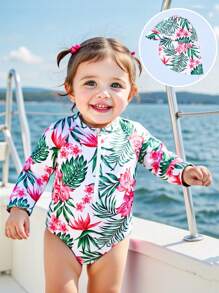 SHEIN Baby Girls Tropical Plant Print Long Sleeve Romper With Hat Swimsuit Set, Summer Resort