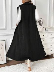 Chiquease Sleeveless Lapel Collar Double-Breasted Single-Breast Pocket Maxi Overcoat For Women - Black - View 2