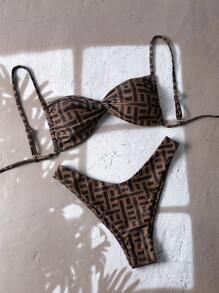 Elavelle Springbreak Women's Random Print Tie-Knot Spaghetti Strap High Cut Sexy Bikini Set For Summer - Multicolor - View 3