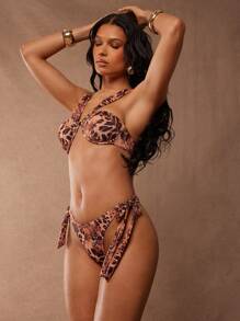 Hauture Women's Brown Leopard Off-Shoulder Bikini Top With Front Ruched And Gold Ornament For Summer Beach Vacation - Multicolor - View 5