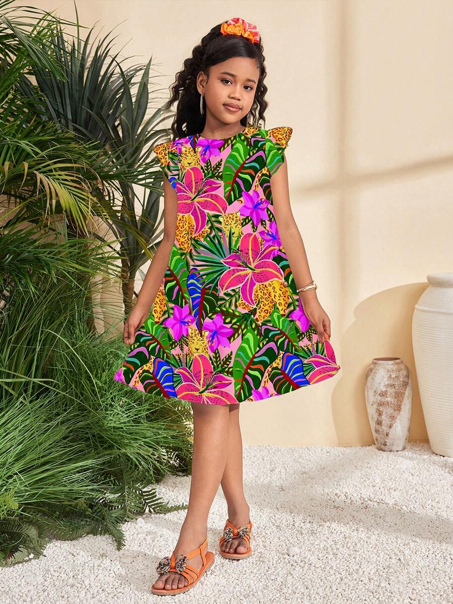 SHEIN Leap Crew Tween 女童休闲丛林花卉图案编织夏季连衣裙,带荷叶边袖,休闲时尚 - 彩色 - 查看 1