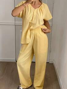 DAZY 纯色褶皱领口设计简约女士睡衣套装