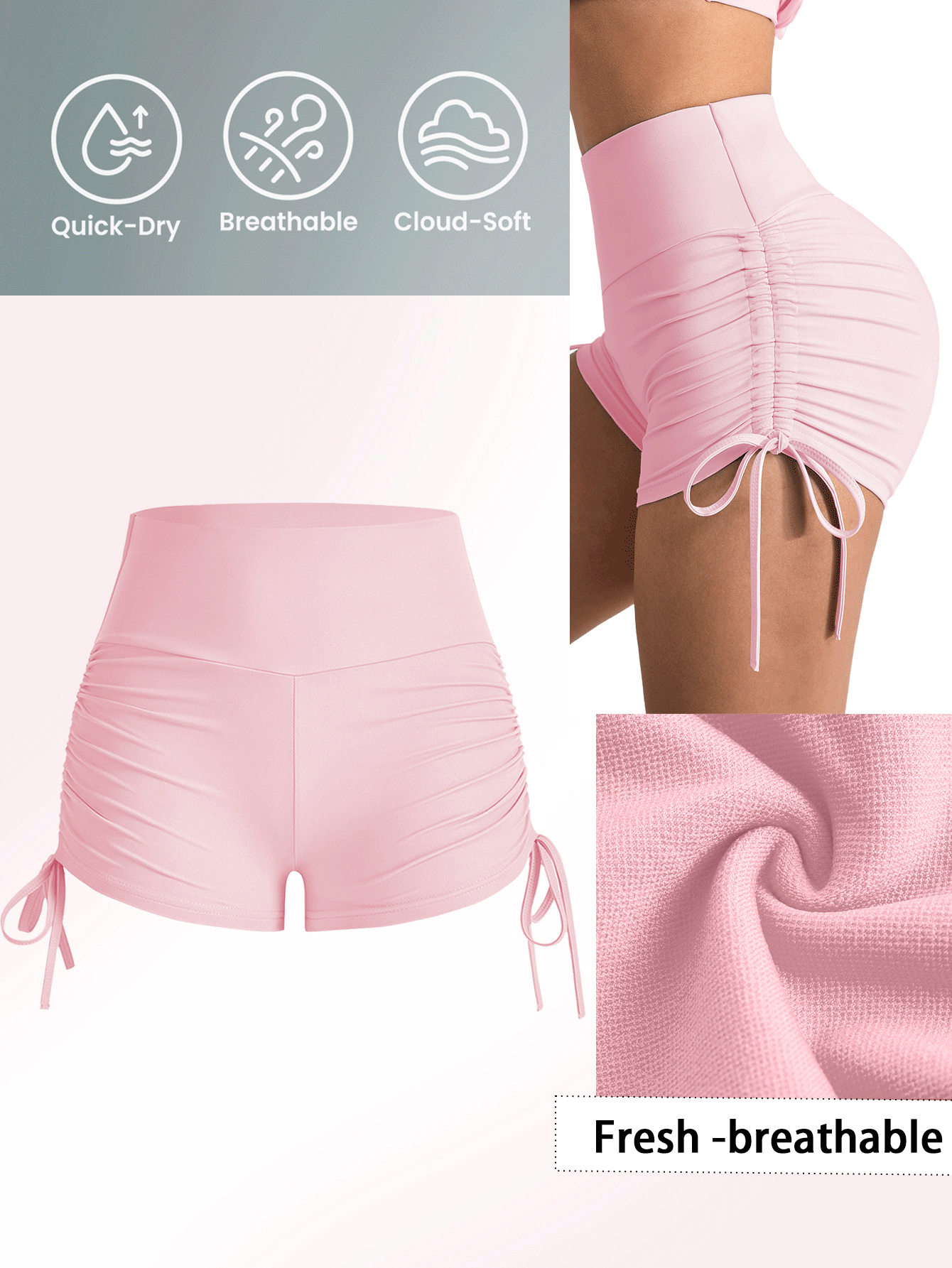 SHEIN Sports 桃色提臀紧身瑜伽短裤，高腰弹力女式运动短裤，适合跑步健身 - 粉色 - 查看 3