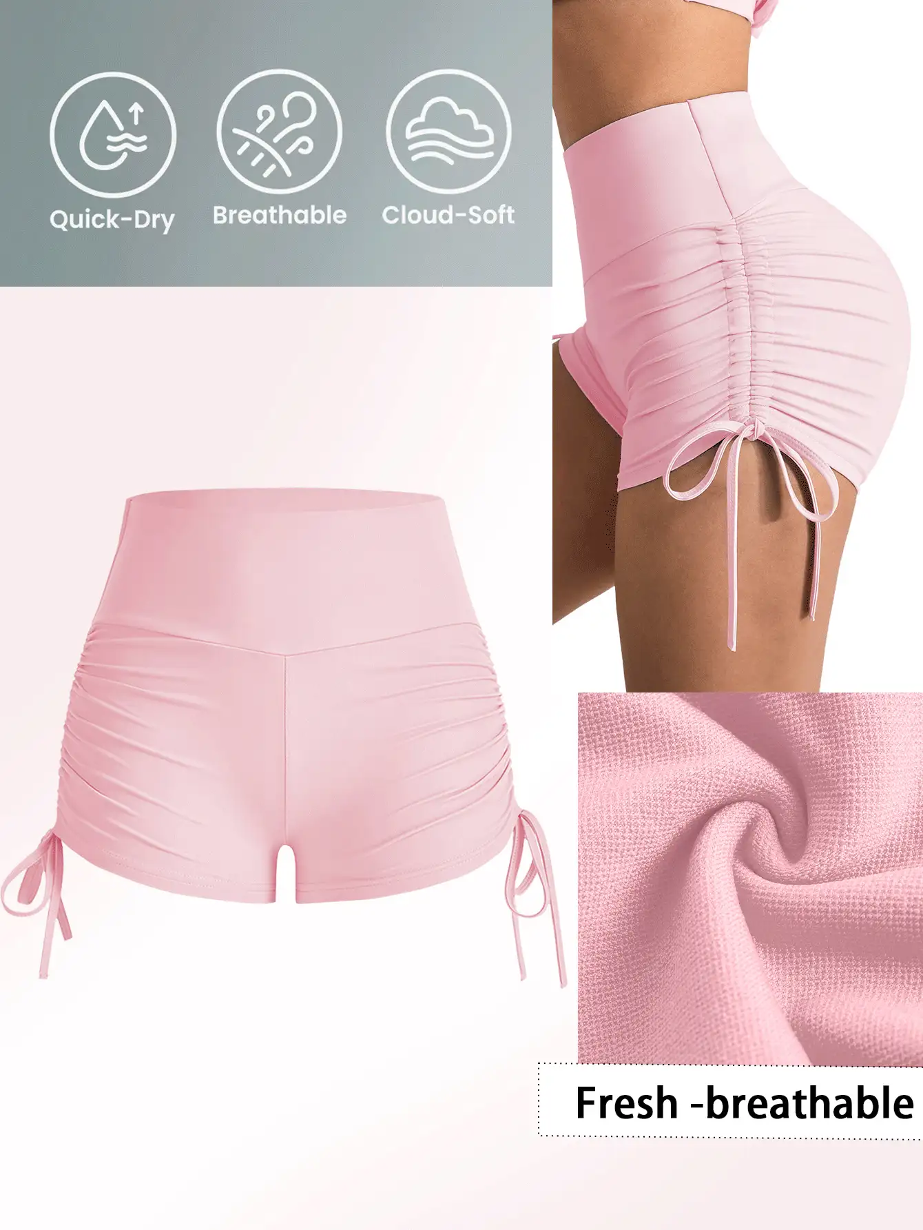 SHEIN Sports 桃色提臀紧身瑜伽短裤，高腰弹力女式运动短裤，适合跑步健身 - 粉色 - 查看 3