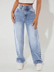 SHEIN PETITE Quần Jeans Ống Đứng Túi Xiên In Hình Mèo Dễ Thương Thường Ngày - Rửa nhẹ - Xem 5