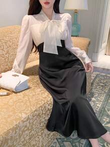 DAZY Colorblock Contrast Ribbon Collar & Puff Sleeve Women's Mid-Length Dress Prom Dress Elegant,Fall Dress