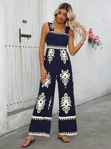 SHEIN PETITE 女式春夏休闲度假杏色底黑色花卉印花细肩带阔腿连体裤，带荷叶边下摆 - 藏蓝色 - 查看 4