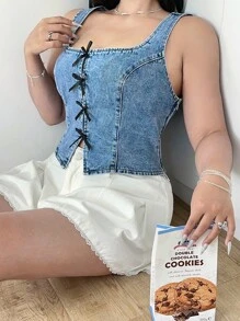 SHEIN MOD 大码蓝色超大牛仔上衣蝴蝶结牛仔背心夏季上衣音乐节服装 - 中等水洗藍 - 查看 5