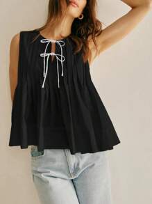 SHEIN Essnce Women's Casual Black Tie Neck Sleeveless Woven Fabric Tank Top With Pleated Details And A Regular Hem