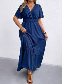 SHEIN LUNE Đầm thường ngày cổ chữ V màu trơn cỡ lớn cho nữ, tay ngắn, thích hợp cho mùa hè - màu đen - Xem 4