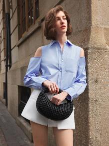 Ontre 2025 Women Off Shoulder Long Sleeve Single Button Casual Pocket Shirt - Blue - View 2