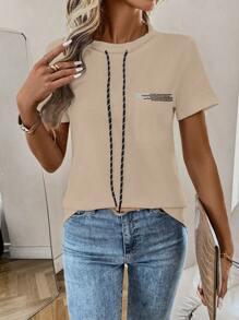 EMERY ROSE Women Drawstring Short Sleeve Pocket Casual T-Shirt - Khaki - View 3