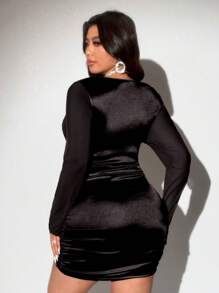 Viva Relle 大码女式蕾丝荷叶边领网眼长袖修身优雅迷你连衣裙，春/秋