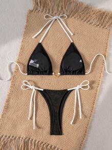 SHEIN Swim 2 件套女士时尚度假海滩纹理纯色金属心形装饰吊带露背三角上衣和侧系带性感下装比基尼泳装 - 黑與白 - 查看 2