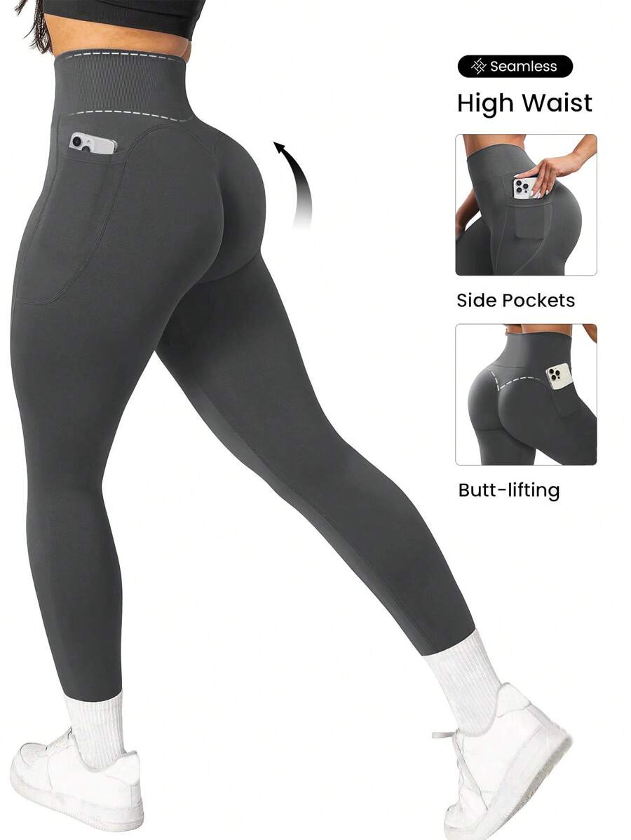 Easithlete Mallas de ejercicio sin costuras con alta elasticidad y bolsillos, pantalones de yoga para mujeres - Gris Oscuro - Ver 1