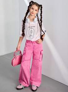 Girls' Y2K Style Washed Pink Loose Asymmetric Waist Pockets Wide Leg Jeans, Casual And Versatile For Daily Wear, Minimalist & Fashion Forward Design - Pink - View 4