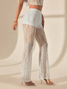 SHEIN PETITE Pantalon de vacances évasé en dentelle à taille haute pour femmes - Blanc - Voir 5