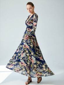 Aveloria Modichic 复古花卉图腾深 V 领高腰修身性感飘逸喇叭袖女式连衣裙 - 彩色 - 查看 1