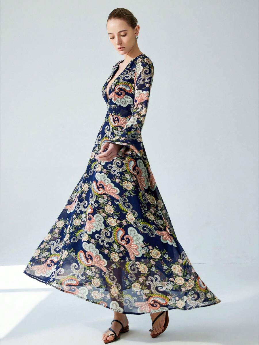 Aveloria Modichic 复古花卉图腾深 V 领高腰修身性感飘逸喇叭袖女式连衣裙 - 彩色 - 查看 1