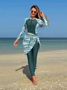 Swim Shayni Women 3pcs/Set Tie-Dye Random Print Long Sleeve One Piece Swimsuit Swimwear With Mid-Waist Long Pants And Mini Skirt, Elegant Modest One-Piece