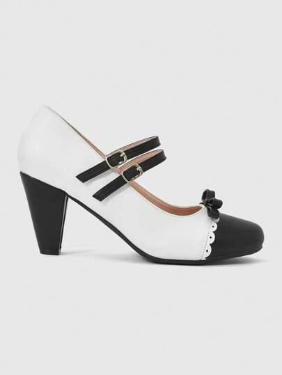 Kawaii Damen Schwarz-Weiß Mary Jane High Heel Pumps, klassische Retro Lolita Spitzenmuster
