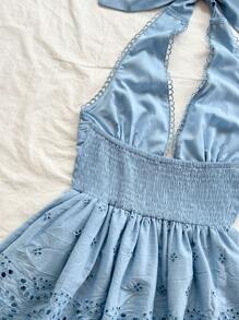 Soleia WYWH 女士休闲节日夏装，适合婚礼、毕业典礼、复活节、派对、午餐、度假。可爱刺绣蕾丝拼布弹力 V 领迷你连衣裙，蓝色 - 藍色 - 查看 5