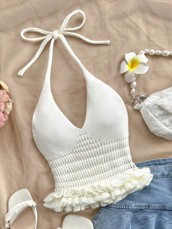 Soleia Plus Size Women's Sexy White Knit Halter Neck Sleeveless V-Neck Ruffled Hem Vacation Sweater Vest