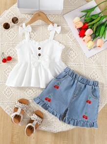 SHEIN Girlhood Core 2Pcs/Set Young Girl Casual School Style Red Camisole And Blue Denim Wash Shorts, Cherry Print - White - View 1