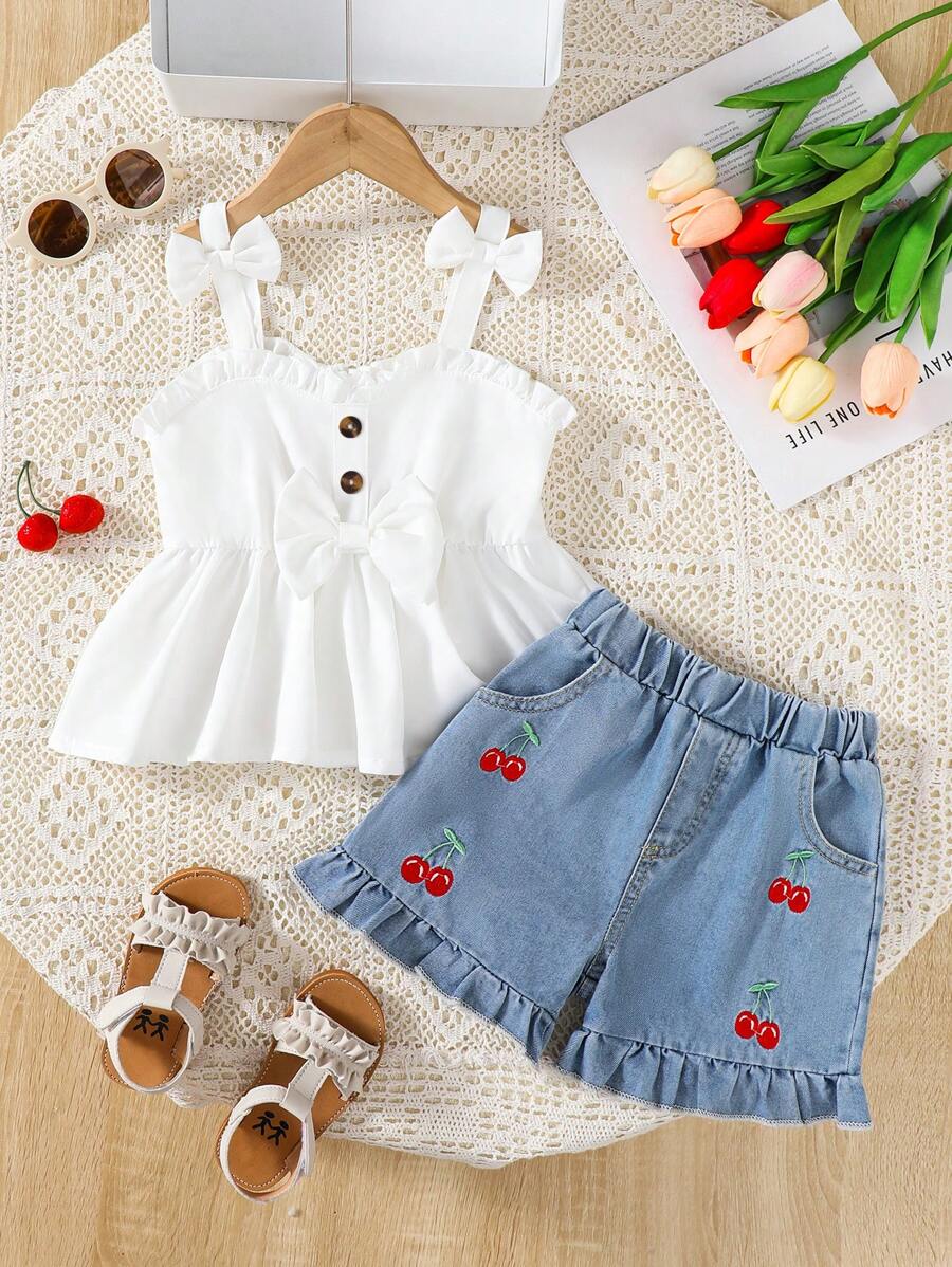 SHEIN Girlhood Core 2Pcs/Set Young Girl Casual School Style Red Camisole And Blue Denim Wash Shorts, Cherry Print - White - View 1
