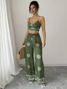 Elenzga 2pcs/Set Women Green Floral Print Camisole Tank Top & Casual Long Pants Suit, Holiday Style