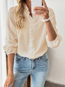 SHEIN LUNE Women's Casual Versatile Solid Color Ruffle Trim Blouse - Apricot - View 1