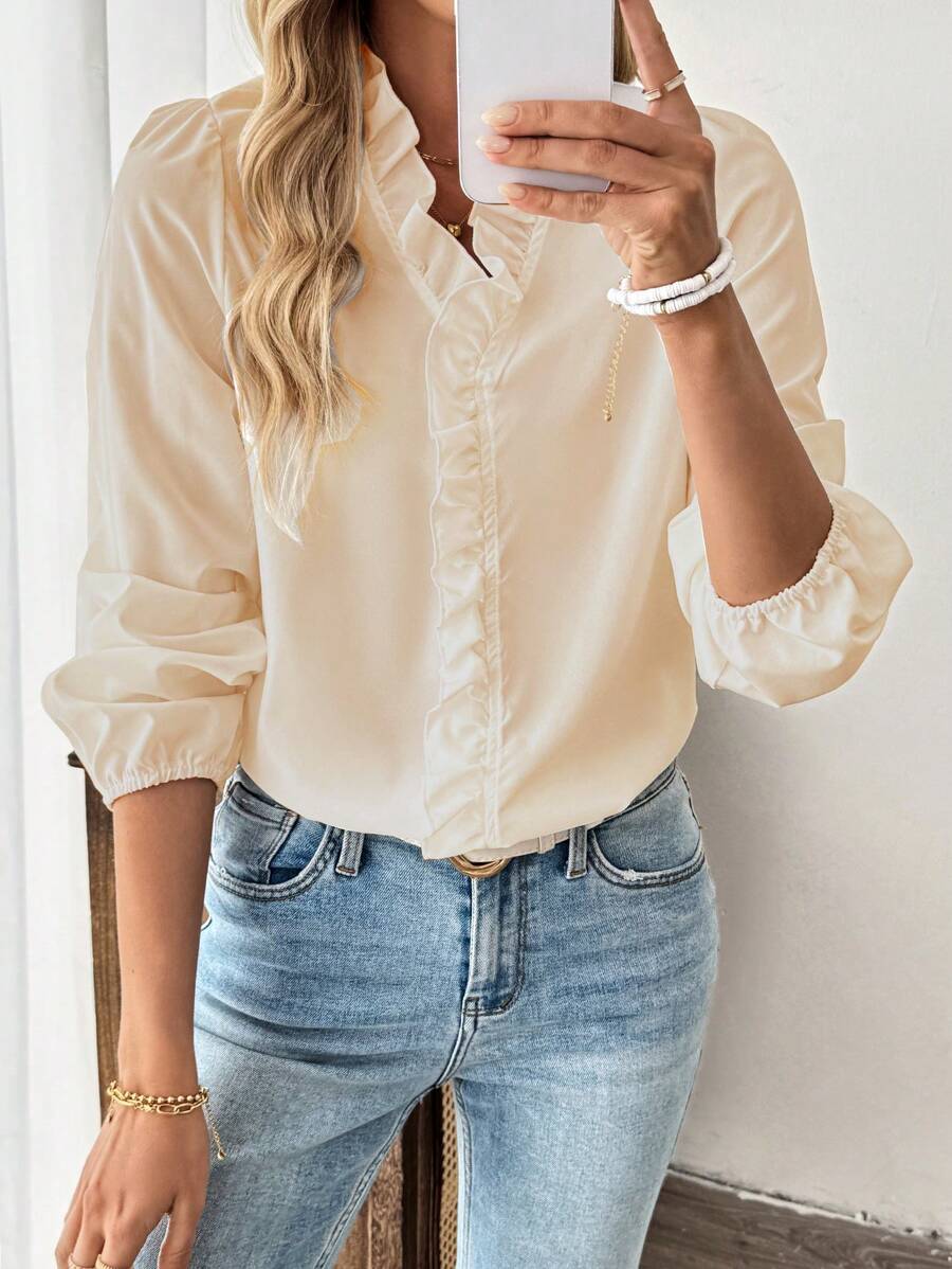 SHEIN LUNE Women's Casual Versatile Solid Color Ruffle Trim Blouse - Apricot - View 1