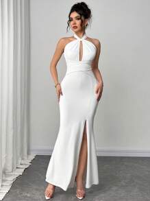 Firerie 女士优雅简约派对鸡尾酒会礼服白色吊带领交叉前镂空腰部露背高开叉连衣裙