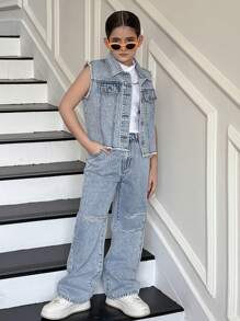 TWEEN GIRLS Y2K Fashion Fuzzy Hem Crop Jacket & Relaxed Fit Jeans Set, Street Style Casual Outfit voor Tween Girls