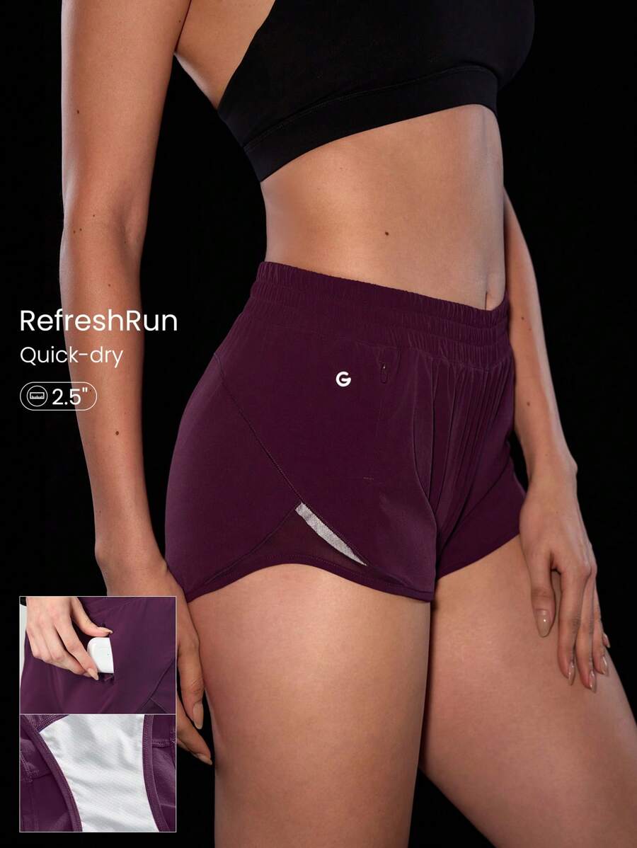 GLOWMODE Quần short chạy bộ cạp trễ VitalSwift 2,5" có quần lót tích hợp, túi lưới có khóa kéo, dây rút phản quang, tập luyện hàng ngày, tập thể dục, mùa hè, nhanh khô, thấm hút mồ hôi, chống mùi hôi - Cola anh đào - Xem 1