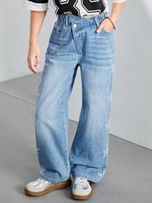 Denimly Girls' Fashion Casual Star Print Adjustable Waist Zipper Fly Washed Denim Jeans - Medium Wash - View 5