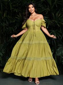 Sunnyshic Abito elegante e romantico con volant e pizzo, adatto per vacanze o matrimoni in taglie comode