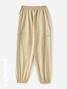 1pc Girls Loose Casual Multi-Pleated Reflective Graphic Outdoor Drawstring Pants, Suitable For Outdoor, Spring/Summer - Khaki - View 2