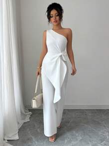 Selianne 优雅纯色蝴蝶结装饰连体裤，白色夏季服装，适合度假、婚礼、波西米亚风、节日装 - 白色 - 查看 4