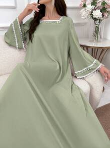 Al Najma 优雅方领喇叭袖串珠花卉装饰女式连衣裙 - 薄荷綠 - 查看 7