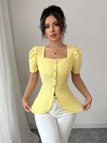 Elenzga Camicia elegante da donna con maniche a palloncino, colletto quadrato e vita a-line