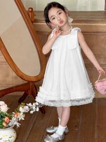 DAZY Young Girl Plain Color Sleeveless Bowknot Strap Minimalist Fashion Summer Dress - White - View 8