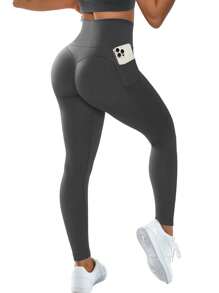 Easithlete Mallas de ejercicio sin costuras con alta elasticidad y bolsillos, pantalones de yoga para mujeres - Gris Oscuro - Ver 7